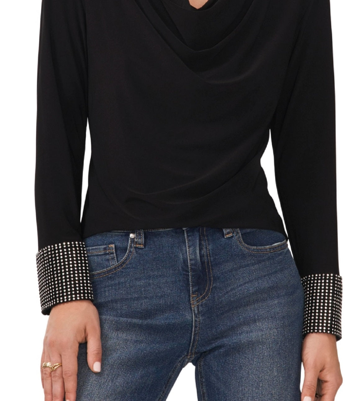 Vince Camuto Blusa feminina de manga comprida com gola alta, preta, tamanho médio