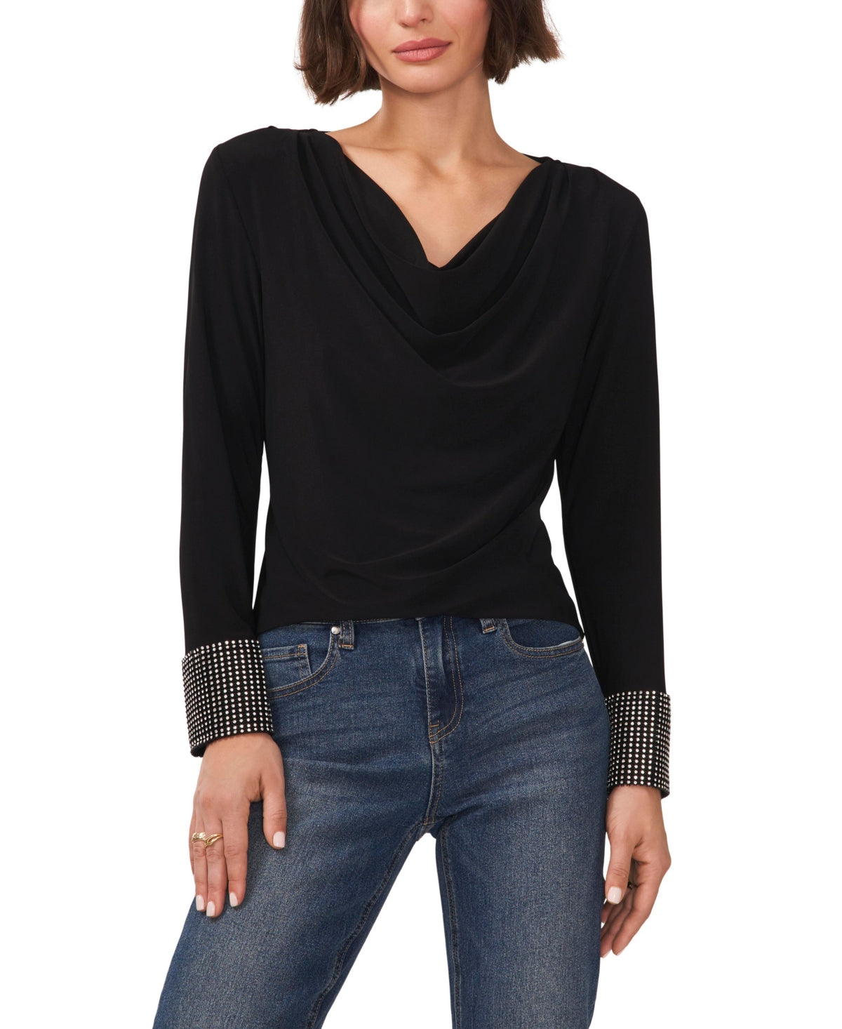 Vince Camuto Blusa feminina de manga comprida com gola alta, preta, tamanho médio