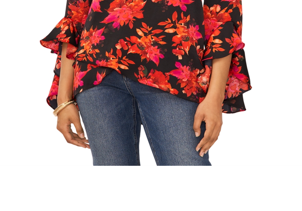 Blusa Vince Camuto com estampa decote em V e bainha em camadas, preta