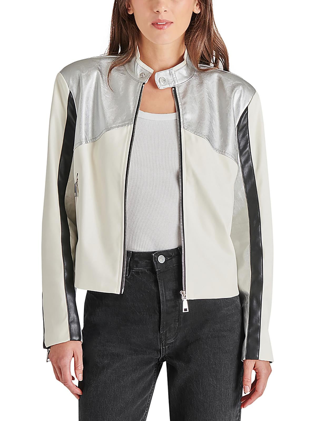 Jaqueta de motociclista Steve Madden Helayna com blocos de cores prata