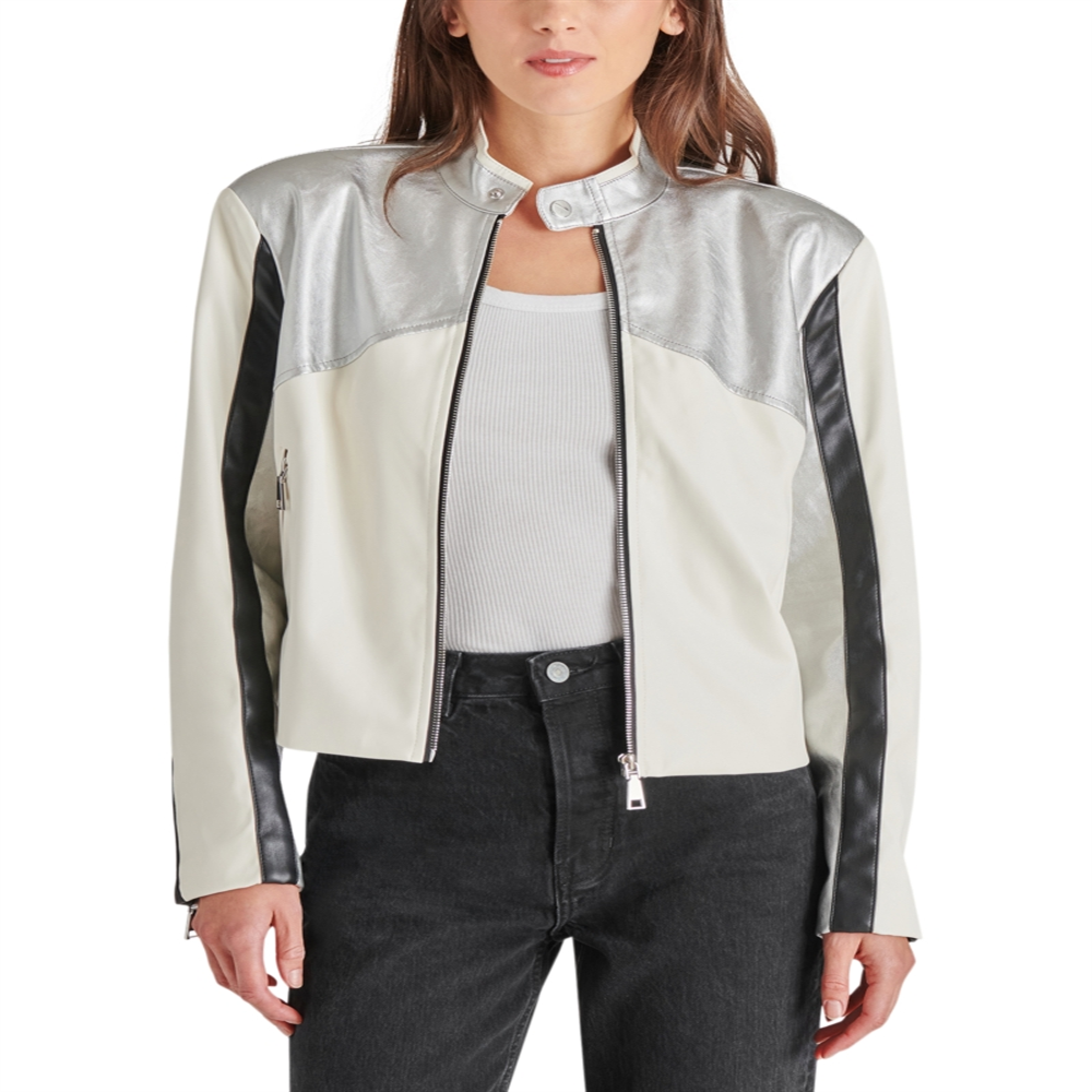 Jaqueta de motociclista Steve Madden Helayna com blocos de cores prata