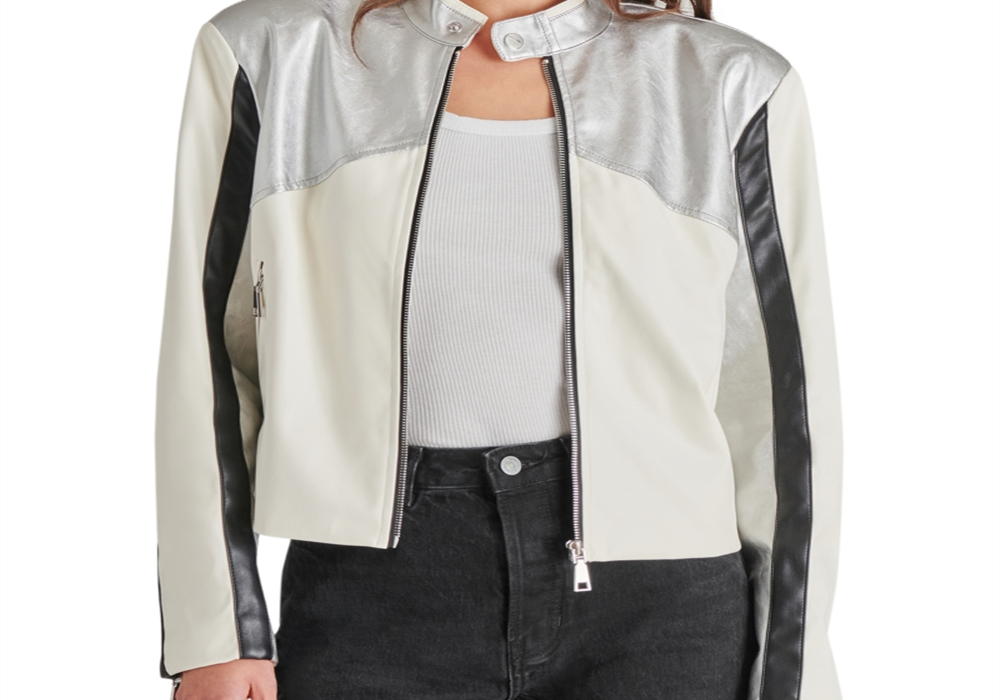 Jaqueta de motociclista Steve Madden Helayna com blocos de cores prata