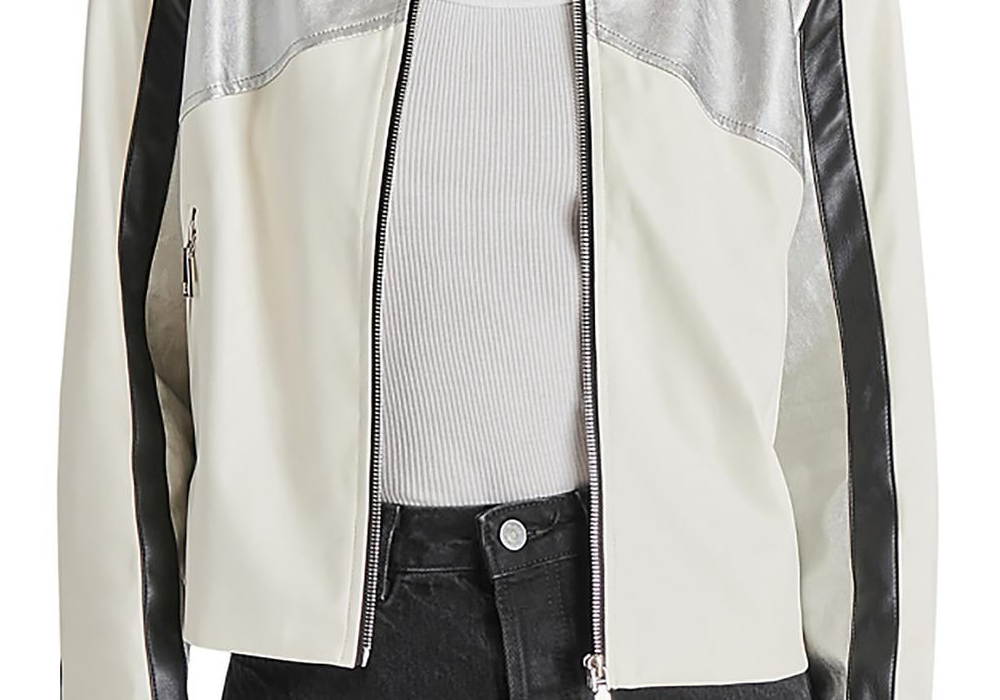Jaqueta de motociclista Steve Madden Helayna com blocos de cores prata