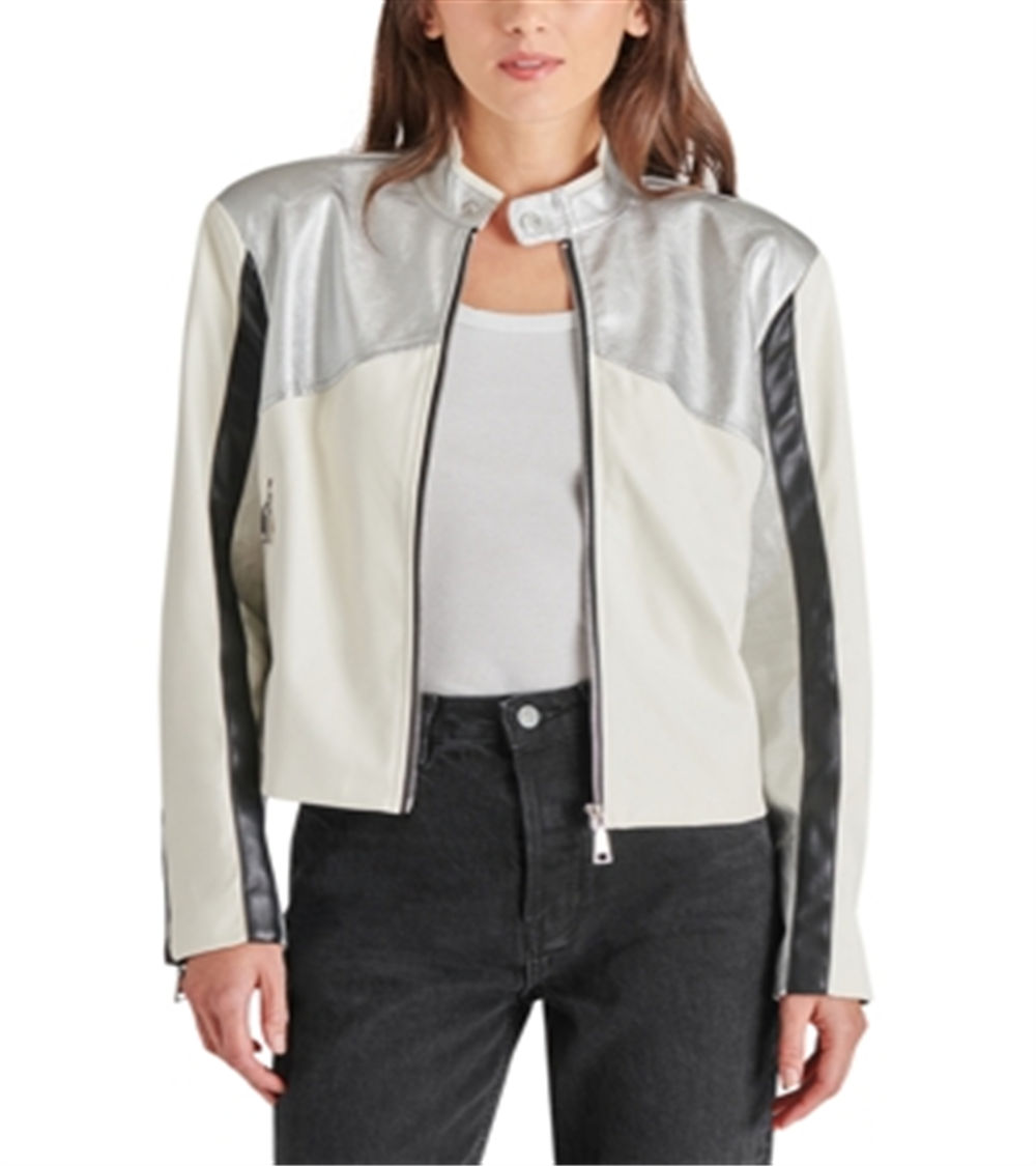 Jaqueta de motociclista Steve Madden Helayna com blocos de cores prata