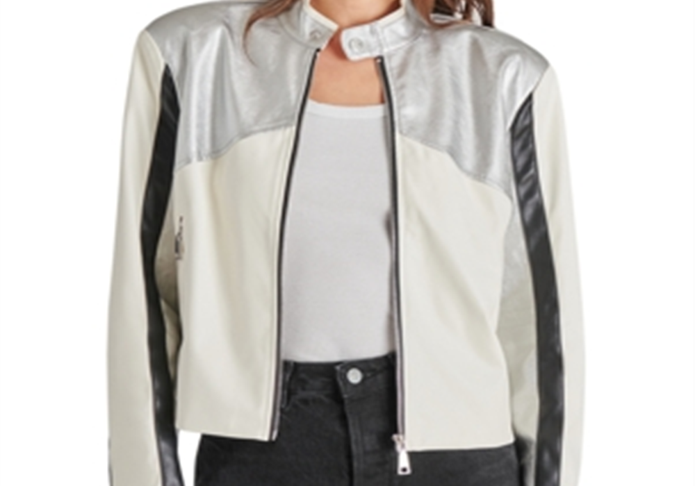 Jaqueta de motociclista Steve Madden Helayna com blocos de cores prata