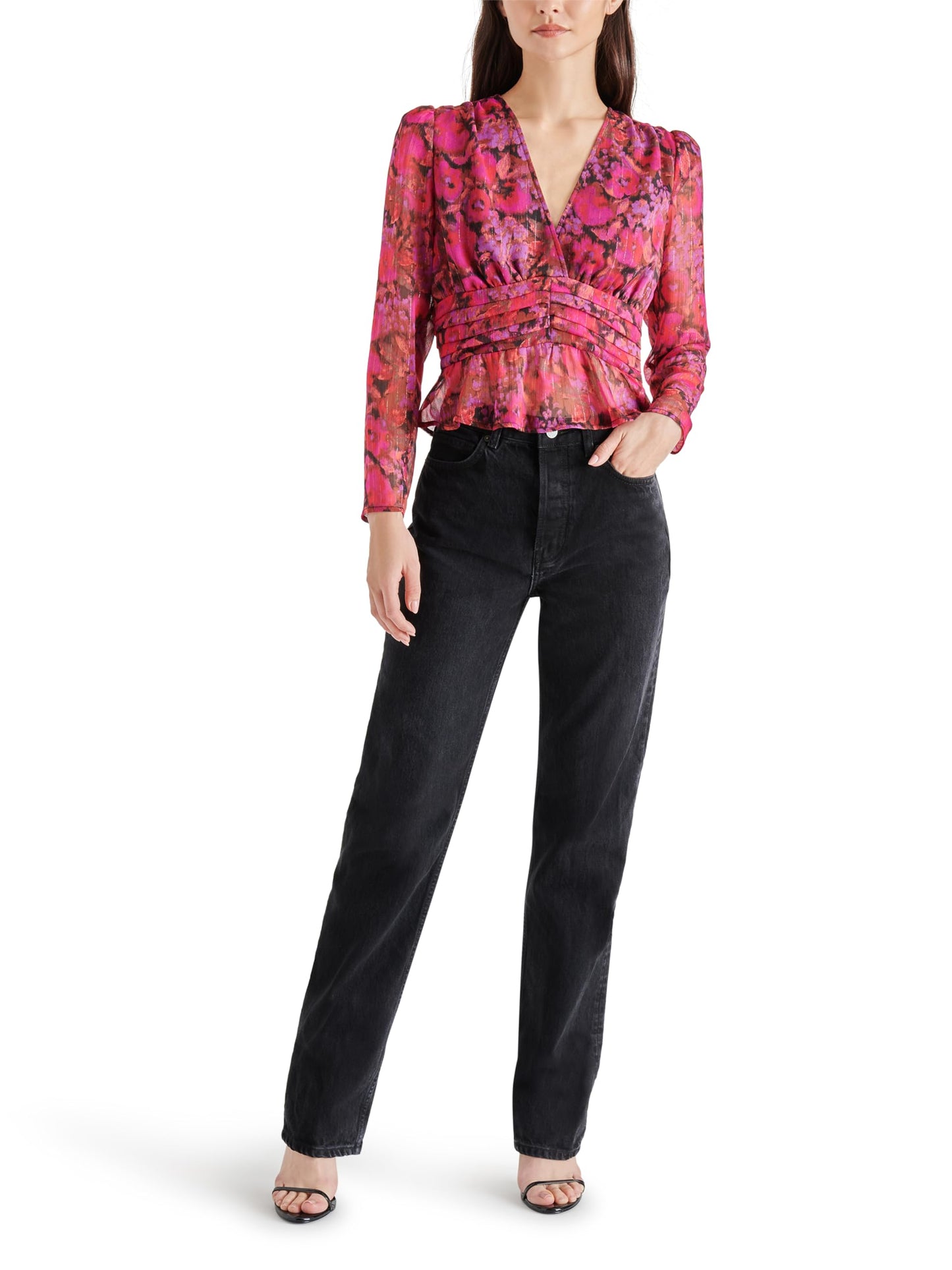 Blusa peplum com estampa floral Azura e decote em V Steve Madden para mulheres - fúcsia escuro, tamanho XS