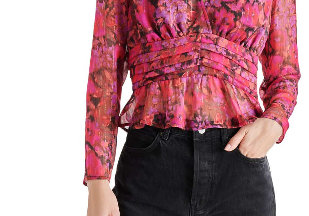 Blusa peplum com estampa floral Azura e decote em V Steve Madden para mulheres - fúcsia escuro, tamanho XS