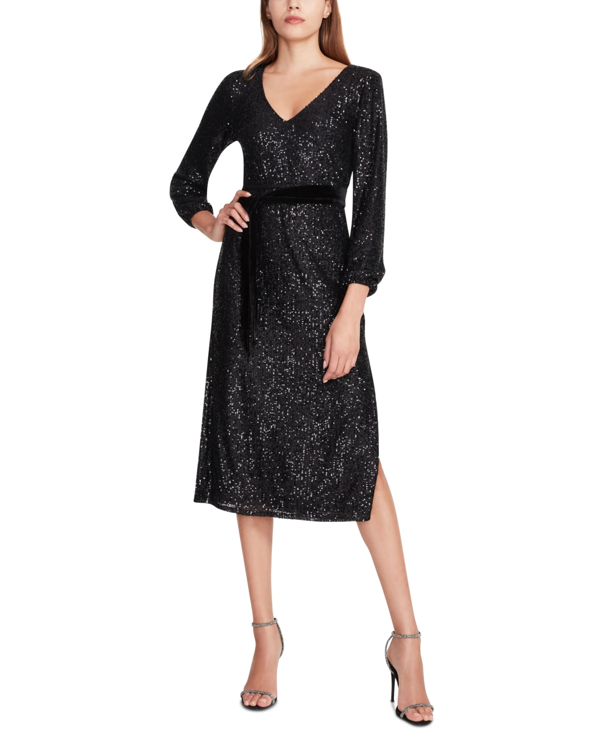 BETSEY JOHNSON Womens Black Sequined Belted Pullover Slitted Lined 3/4 Sleeve V Neck Midi Cocktail Sheath Dress XS