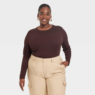 Camiseta feminina slim fit de manga comprida A New Day, marrom, tamanho XXL