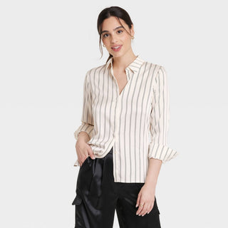 Camisa listrada creme feminina A New Day, manga comprida, botões frontais, tamanho M