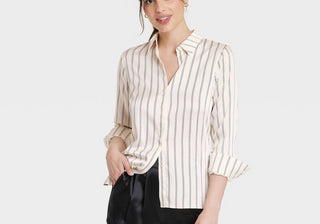Camisa listrada creme feminina A New Day, manga comprida, botões frontais, tamanho M