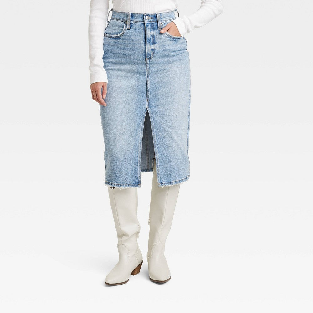 Saia midi jeans de cintura alta com lavagem clara para mulheres - tamanho 10, linha universal