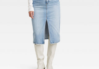 Saia midi jeans de cintura alta com lavagem clara para mulheres - tamanho 10, linha universal