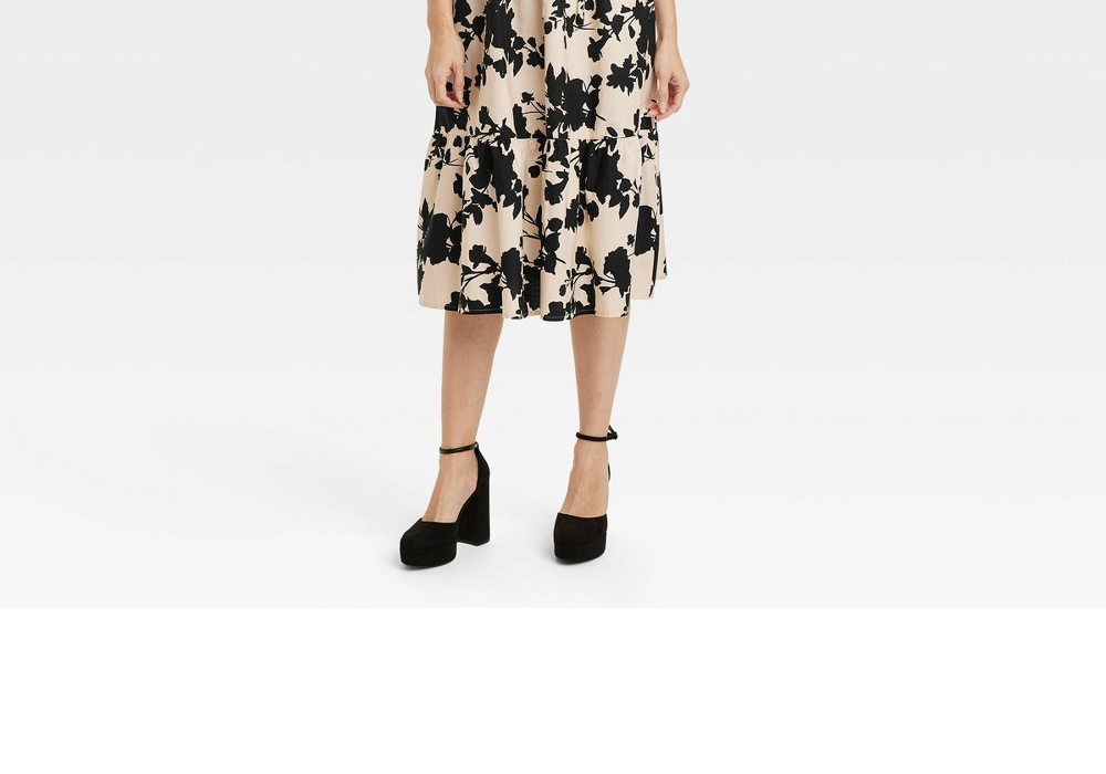 Vestido midi floral preto bege A New Day feminino com manga esvoaçante tamanho XS