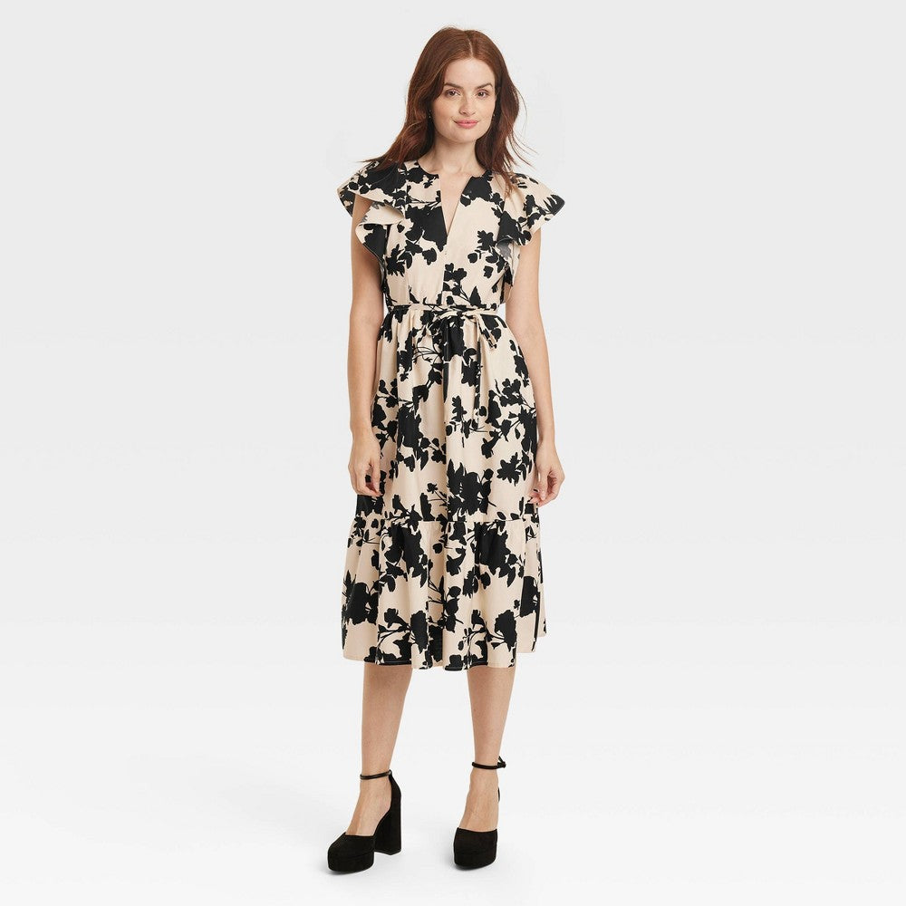 Vestido midi floral preto bege A New Day feminino com manga esvoaçante tamanho XS