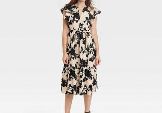 Vestido midi floral preto bege A New Day feminino com manga esvoaçante tamanho XS