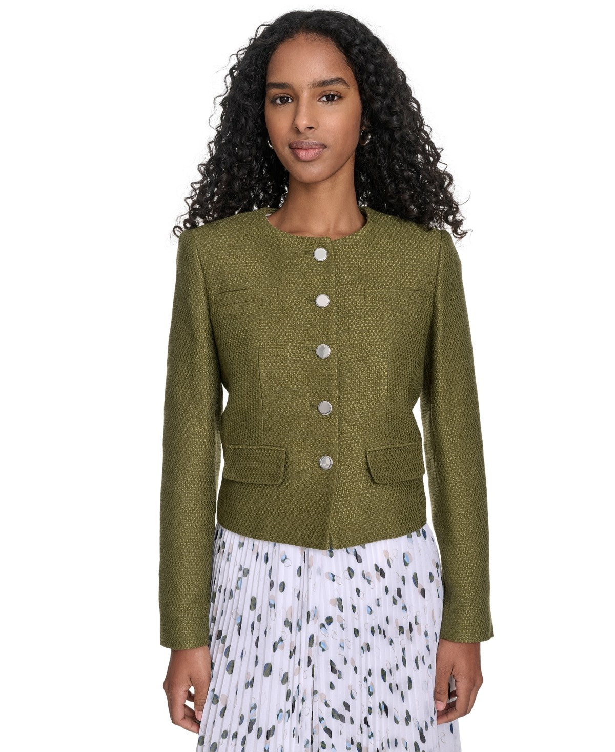 Calvin Klein Womens Tweed Collarless Button Front Jacket Olive Green