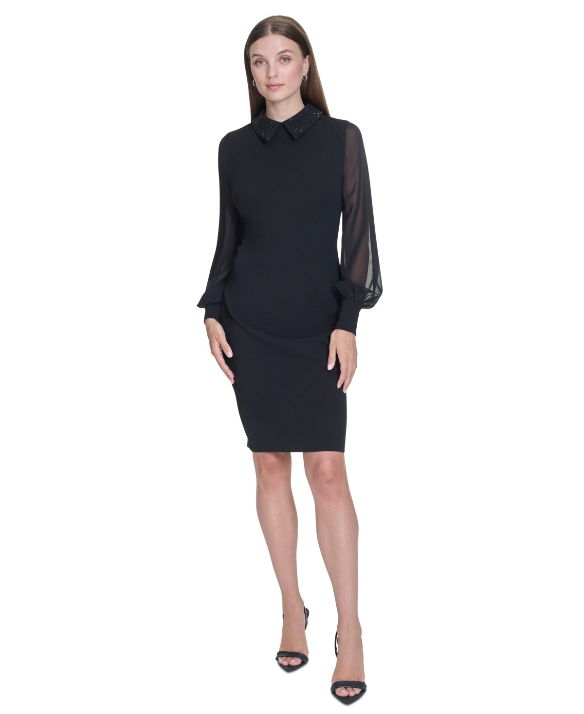 Halston Womens Rhinestone Collar Sheath Dress Black