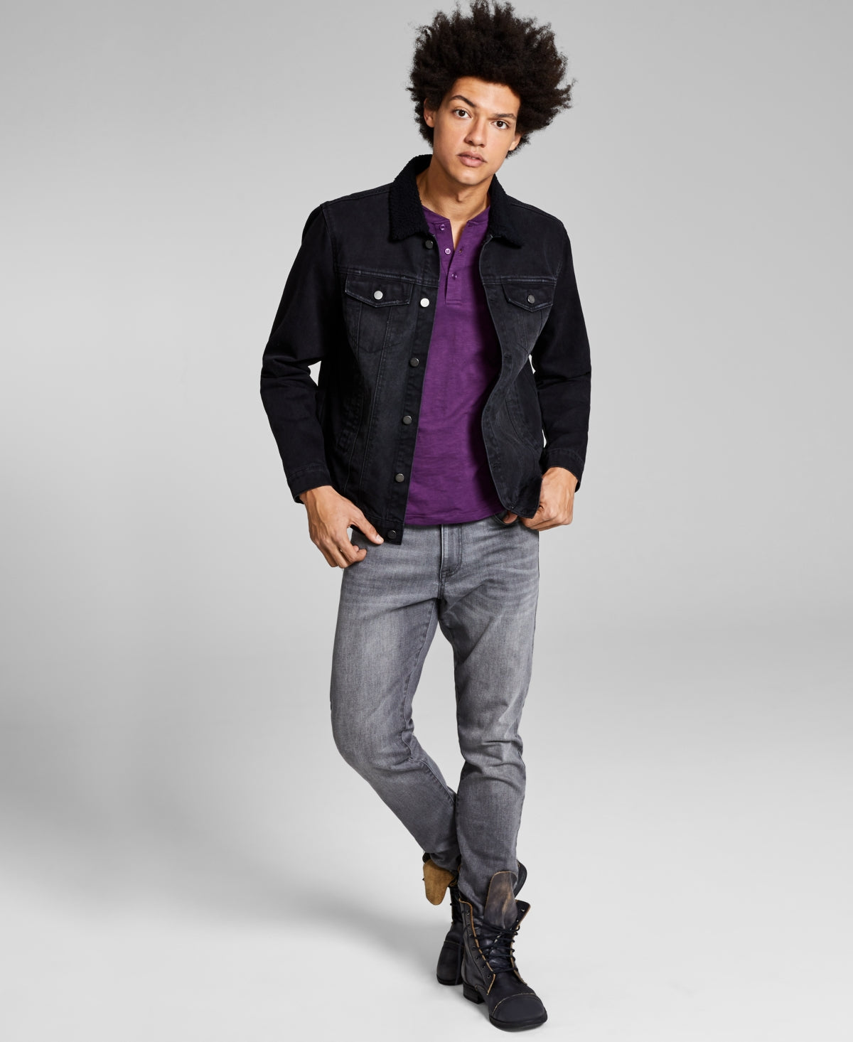 Men's Denim Sherpa Trim Trucker Jacket