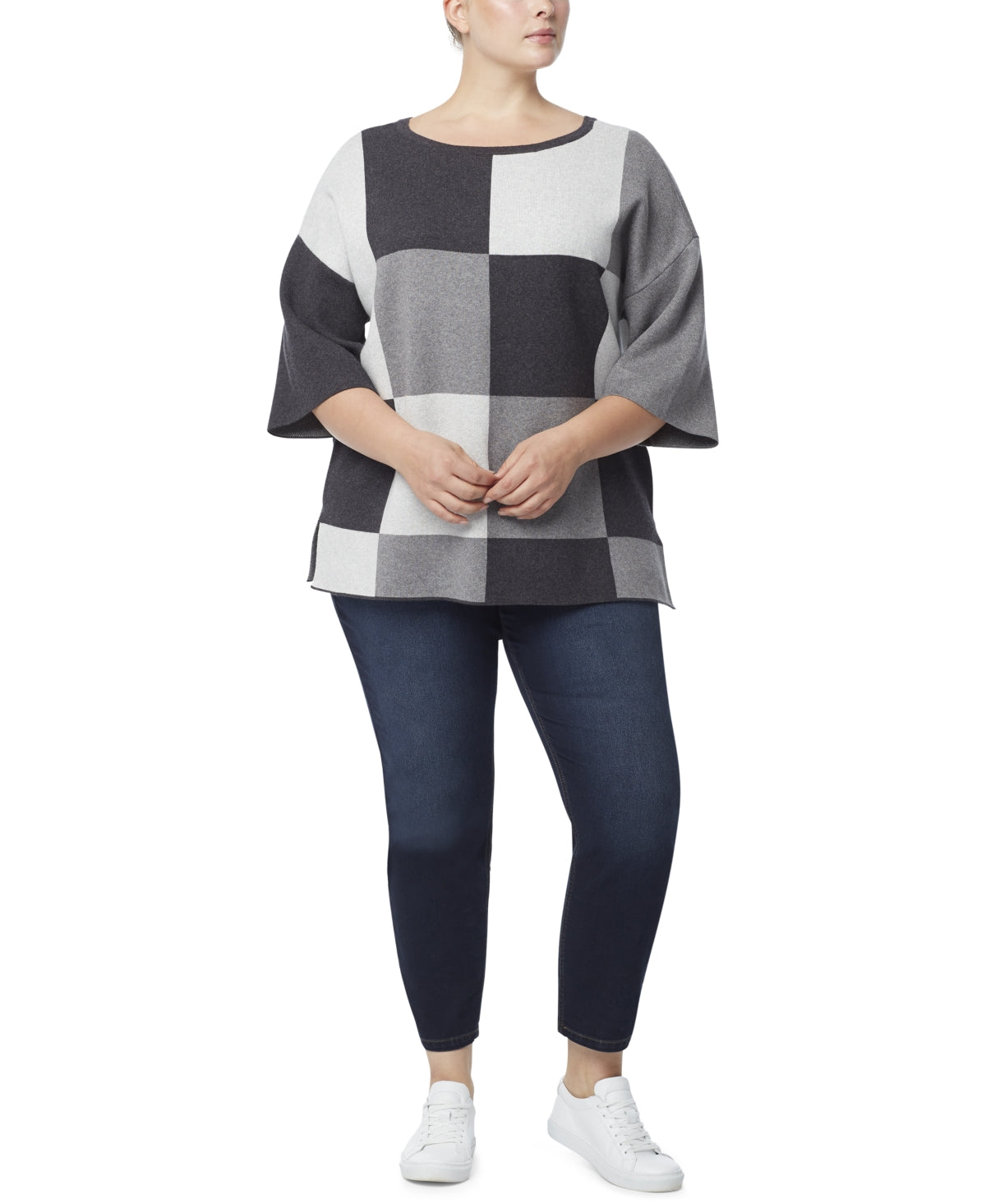 JONES NEW YORK Womens Gray Ribbed Pullover Drop Shoulders Vented Color Block Elbow Sleeve Boat Neck Top Plus 1X