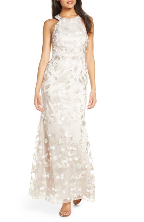 Vestido trompete Eliza J com apliques florais bege e branco