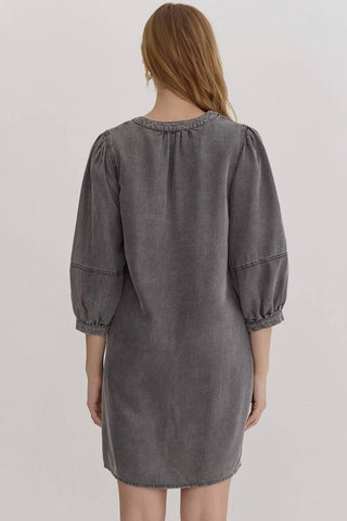 Entro - Balloon Sleeve V-neck Denim Dress