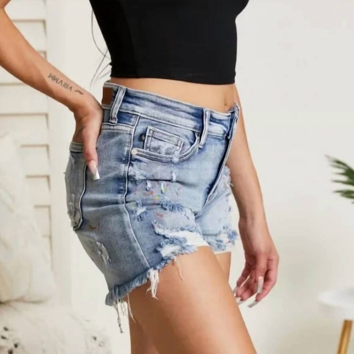 Judy Blue - Mid-rise Rainbow Paint Splash Cut Off Shorts
