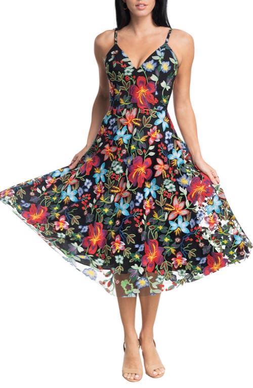 Dress the Population Maren Floral Embroidered Fit and Flare Dress Black Multi Size Small