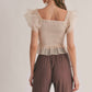 Sage The Label - Blurred Smocked Ruffle Peplum Top