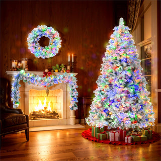 6FT Pre-Lit Snow-Flocked Christmas Tree, Garland, and Wreath Set