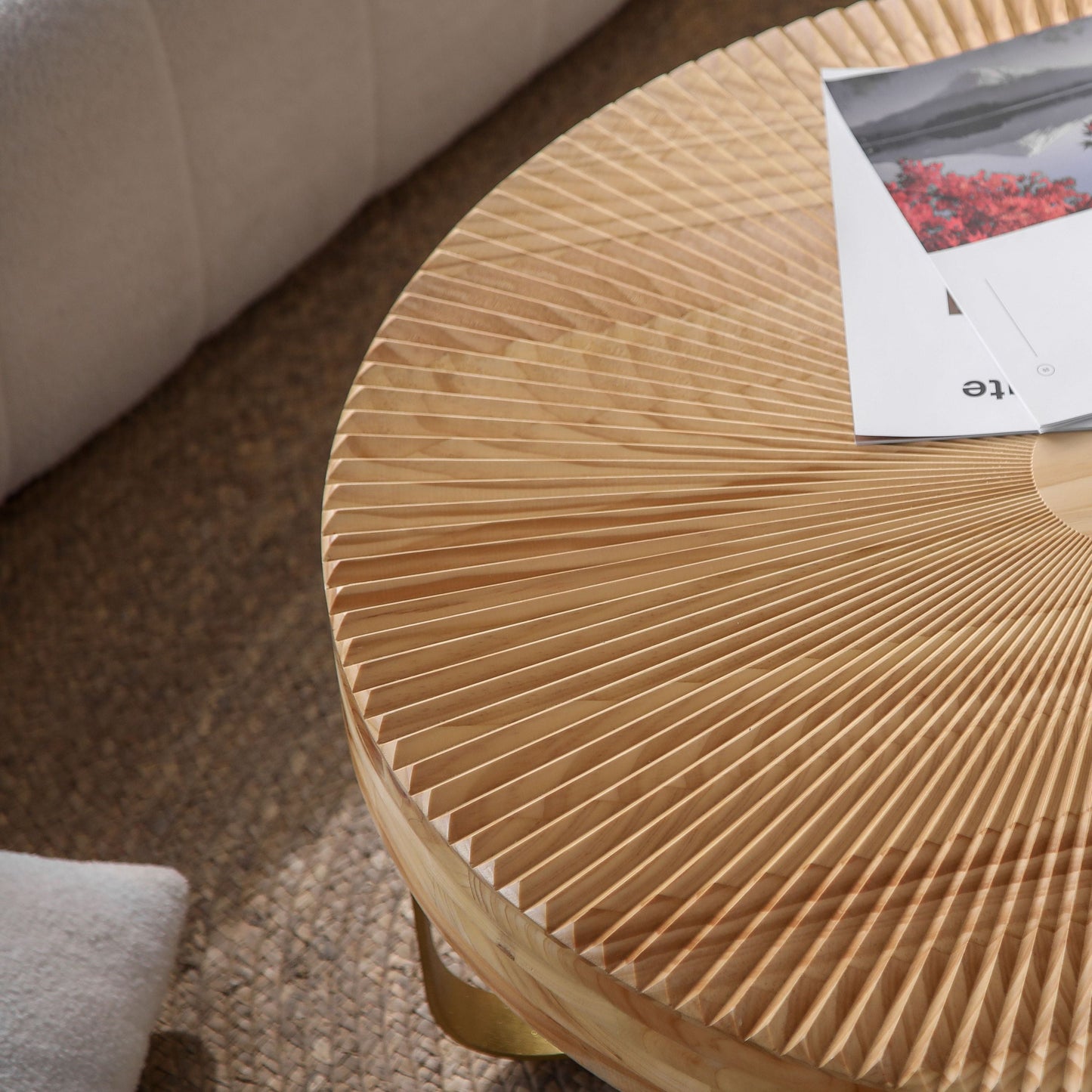 Modern Round Coffee Table with Wooden Carving Pattern and Metal Legs