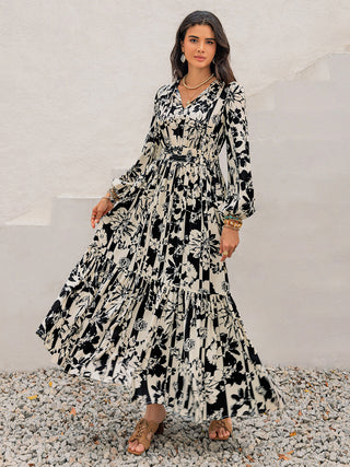 Vestido de manga comprida com decote em V e estampa smocked
