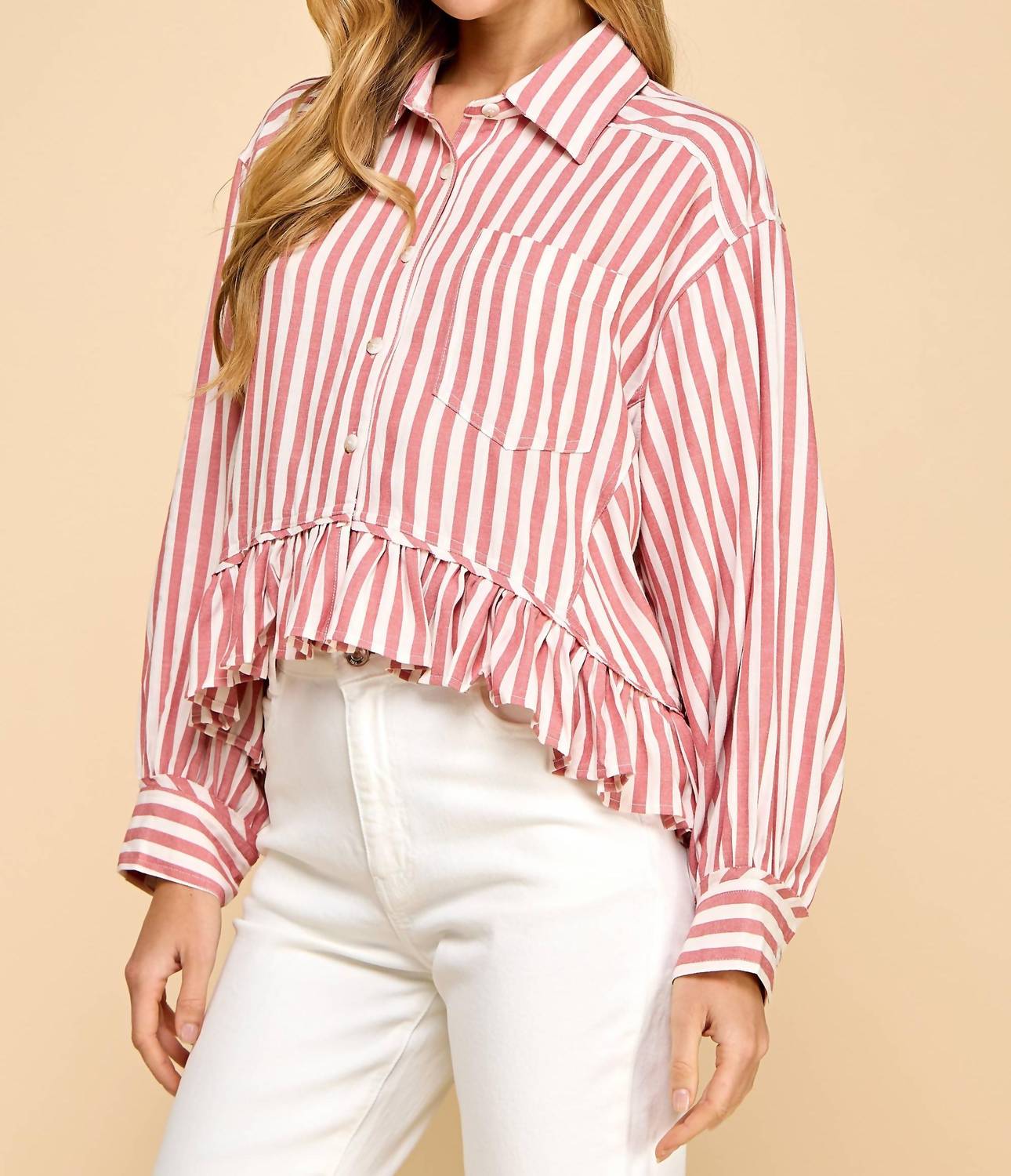 Tcec - Striped Button Up Ruffled Hem Shirt