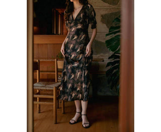 Fun 2 Fun - Leaf Print Satin Midi Dress