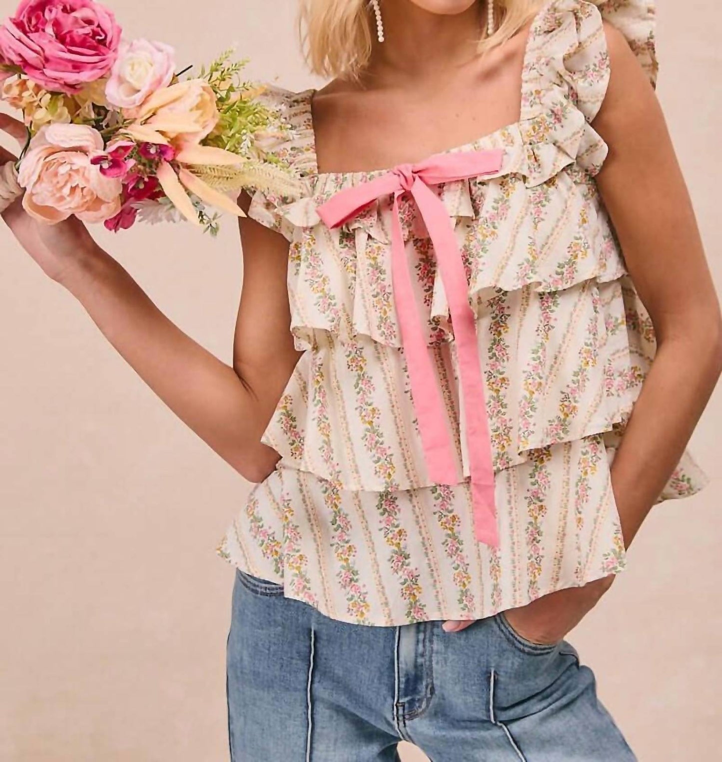 Bibi - Floral Print With Bow And Ruffle Square Neck Blouse