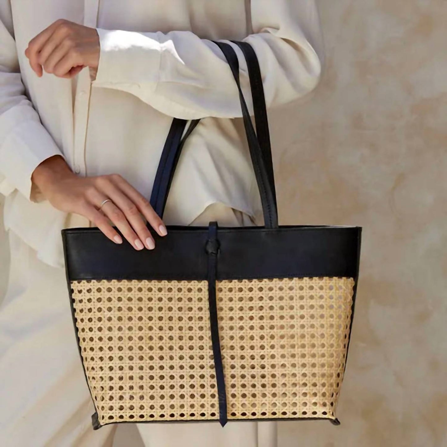 The Winding Road - Cane Weave Tote Medium Leather Trim Bag