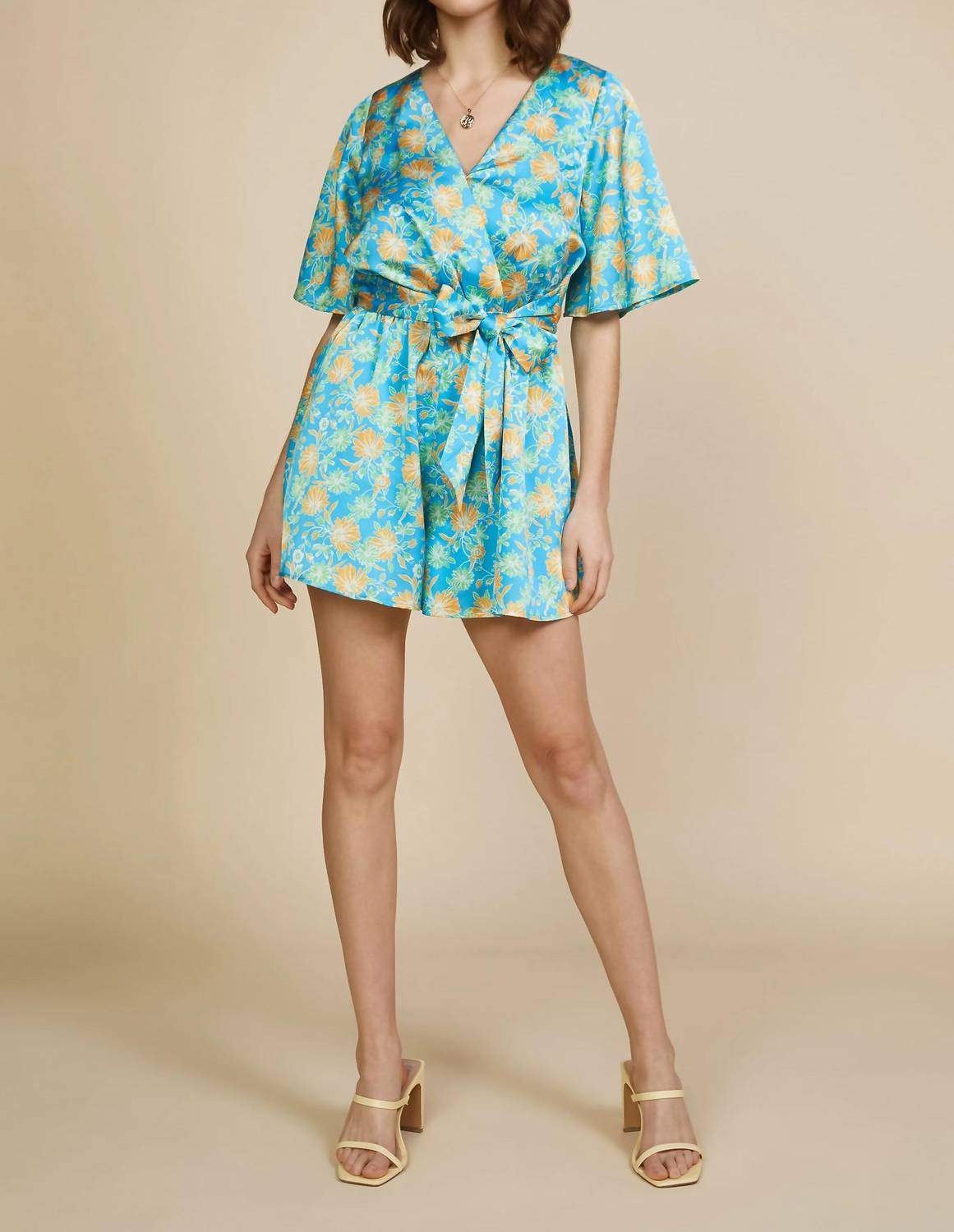 Skies Are Blue - Floral Print Surplice Romper