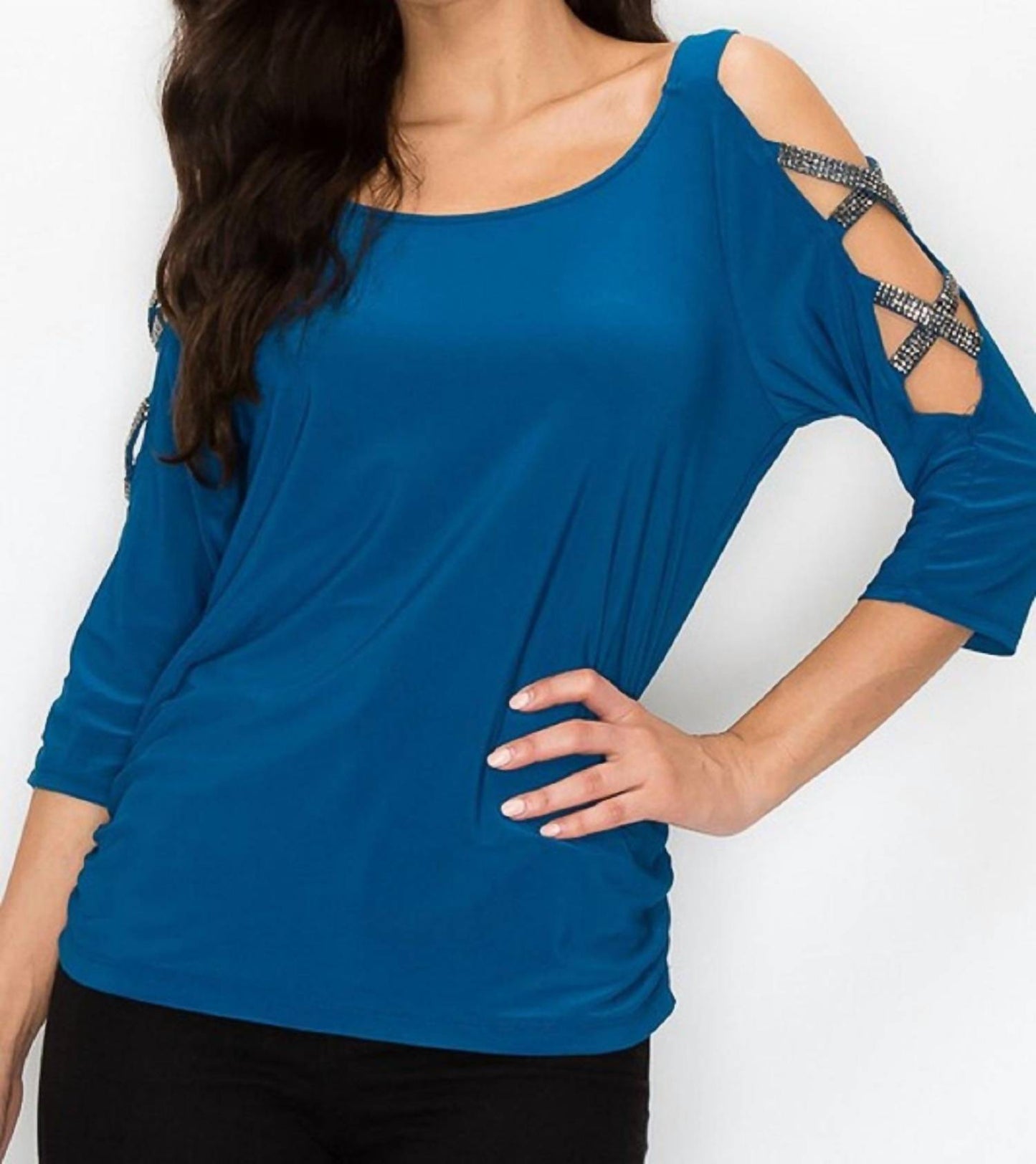 Perseption Concept - Rhinestone Cutout Sleeve Top