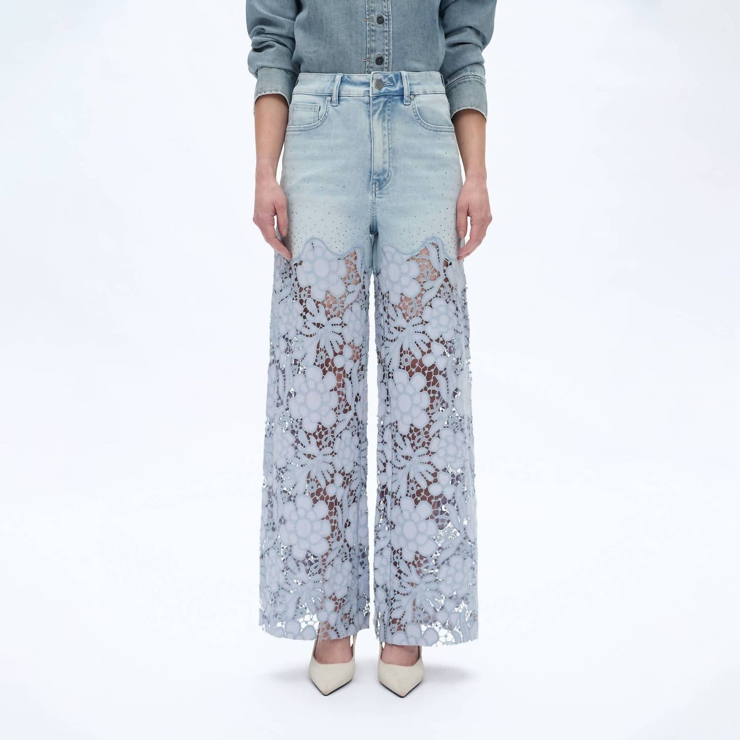 Bayeas - Rhinestone Patchwork Wide Leg Jeans