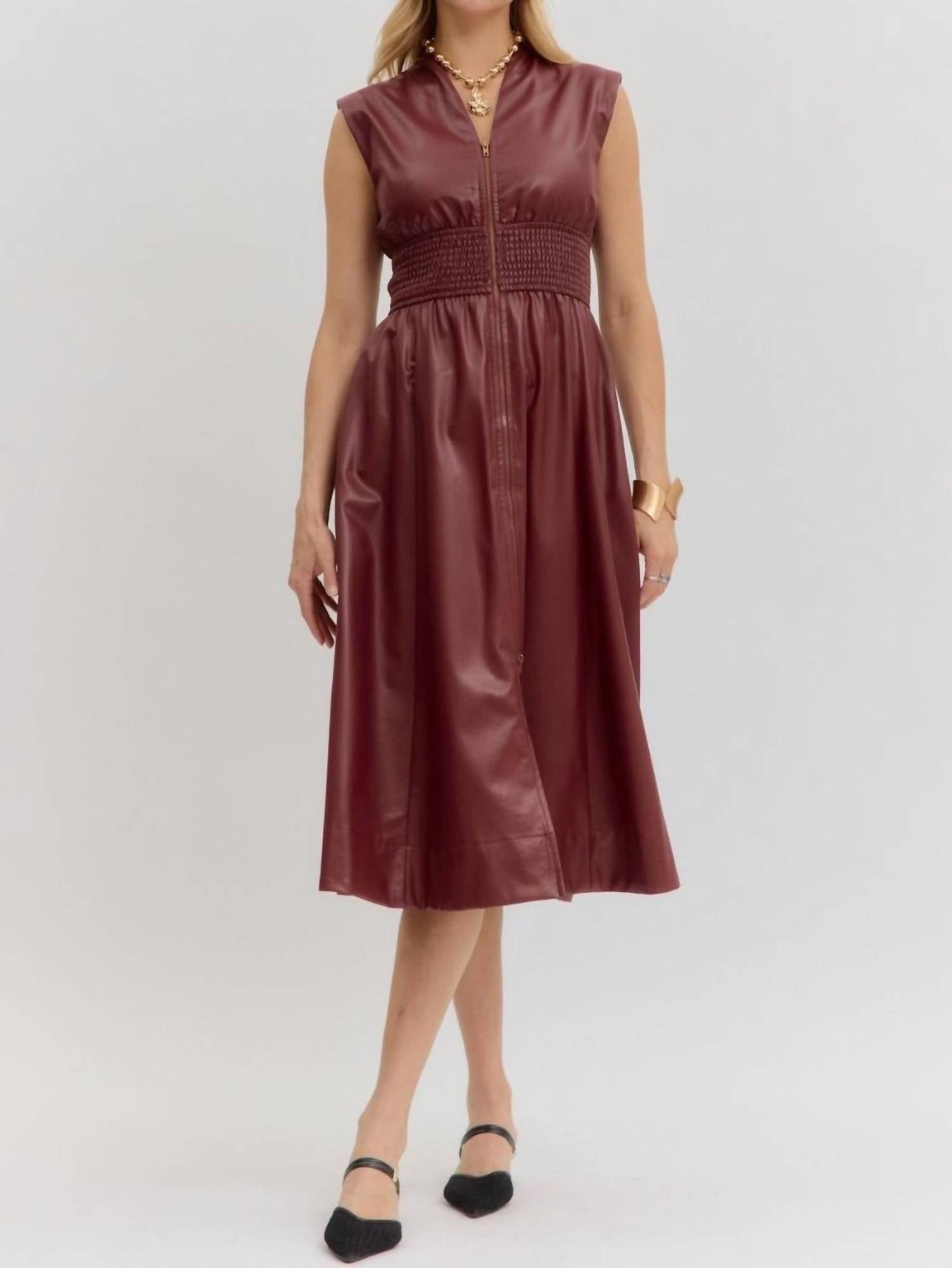 Entro - Women's Faux Leather Sleevless Midi Dress