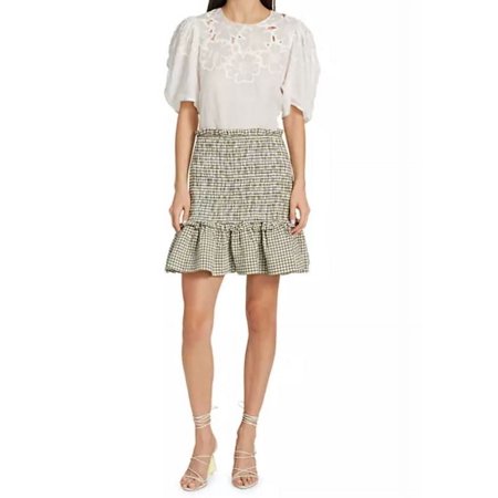 Veronica Beard Women s Olive Aloya Smocked Gingham Miniskirt  Medium