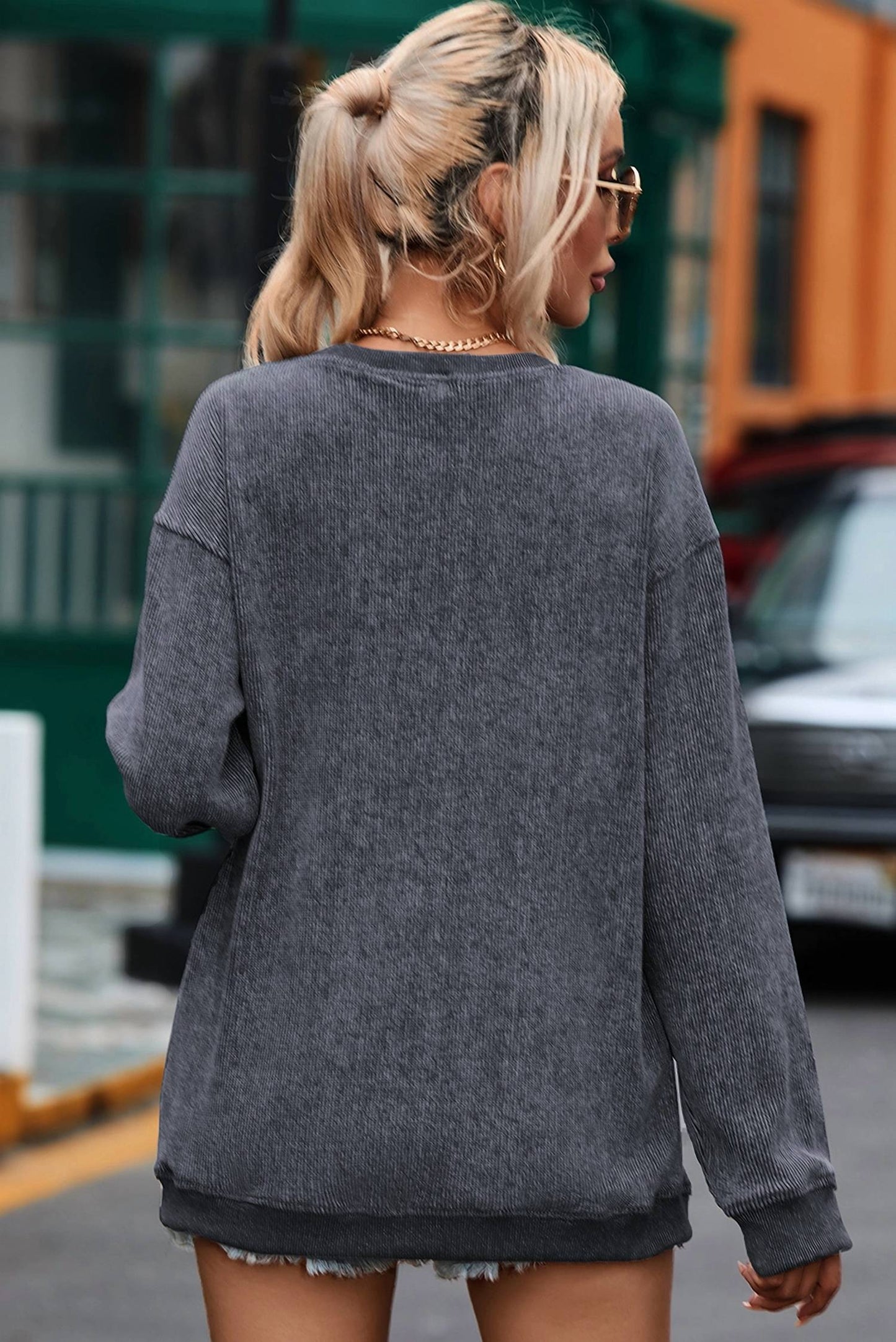 Lovesoft - Custom Solid Ribbed Knit Round Neck Pullover Sweatshirt