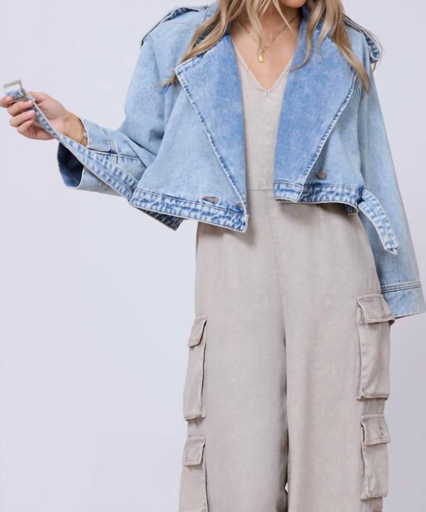 Vintage Havana - Denim Cropped Moto Jacket