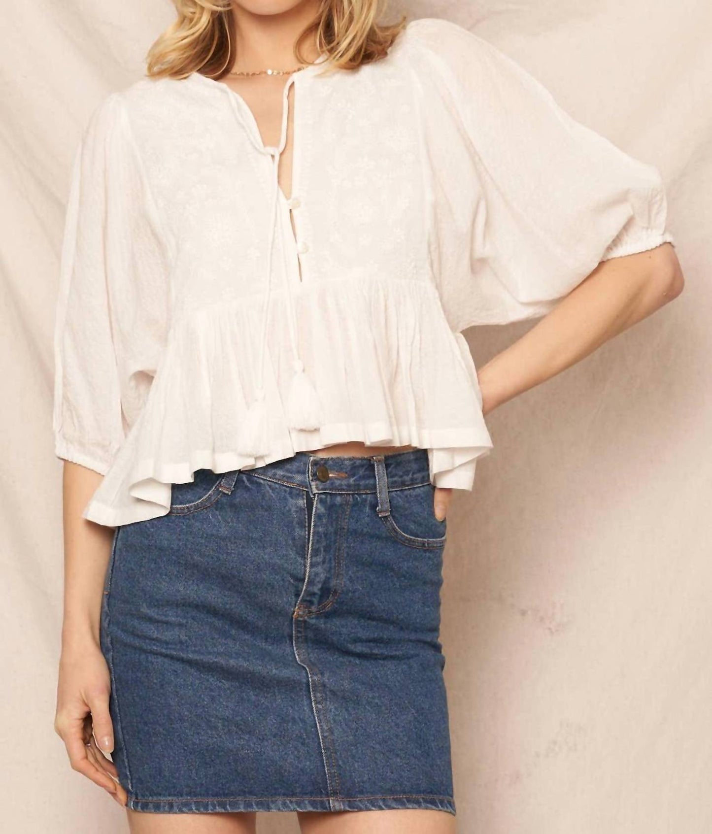 En Creme - Puff Sleeve Embroidered Top