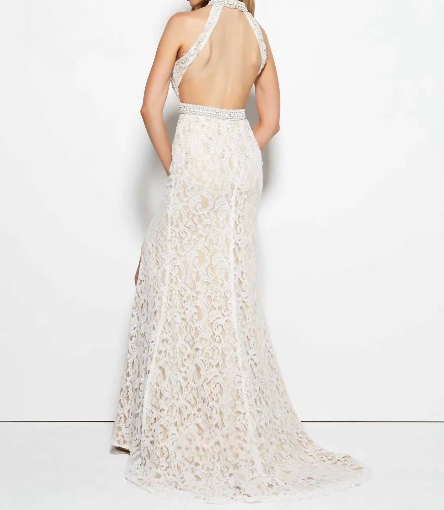 Mac Duggal - Beaded Lace Gown with High Side Slit