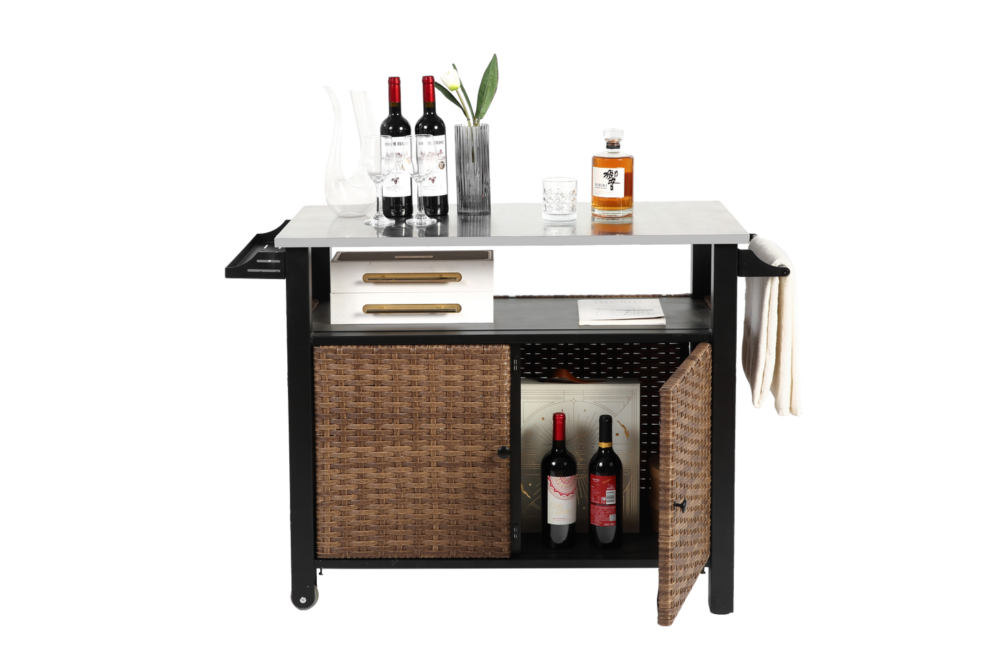 Outdoor Kitchen Wicker Island Rolling Cart & Storage Cabinet Brown