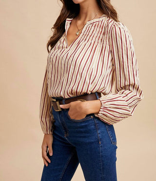 Anniewear - Notch Neck Striped Blouse