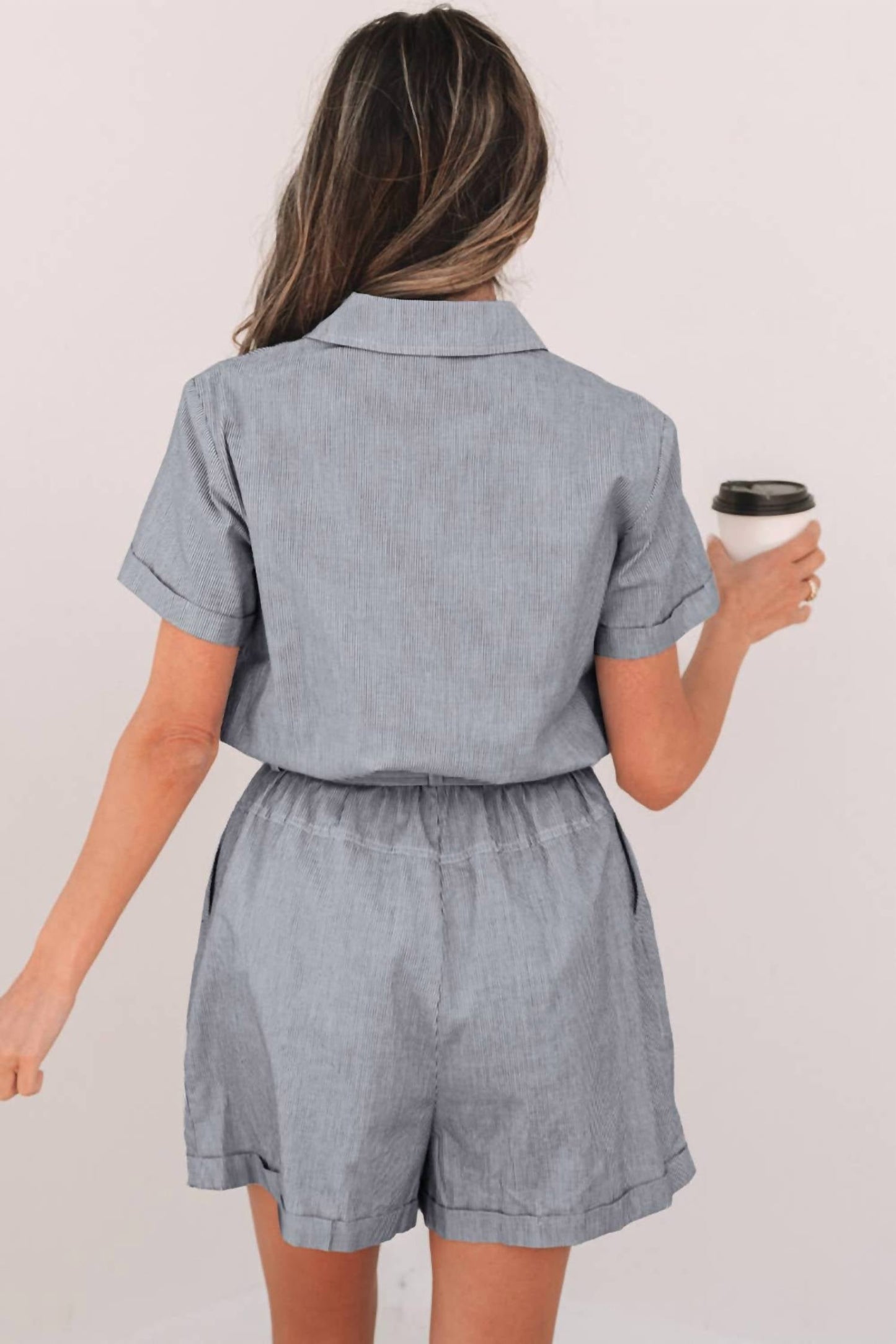 Aapparella - Pinstripe Collared Belted Romper