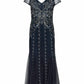 Adrianna Papell - V-neck Godet Cutout Back Embellished Mesh Gown