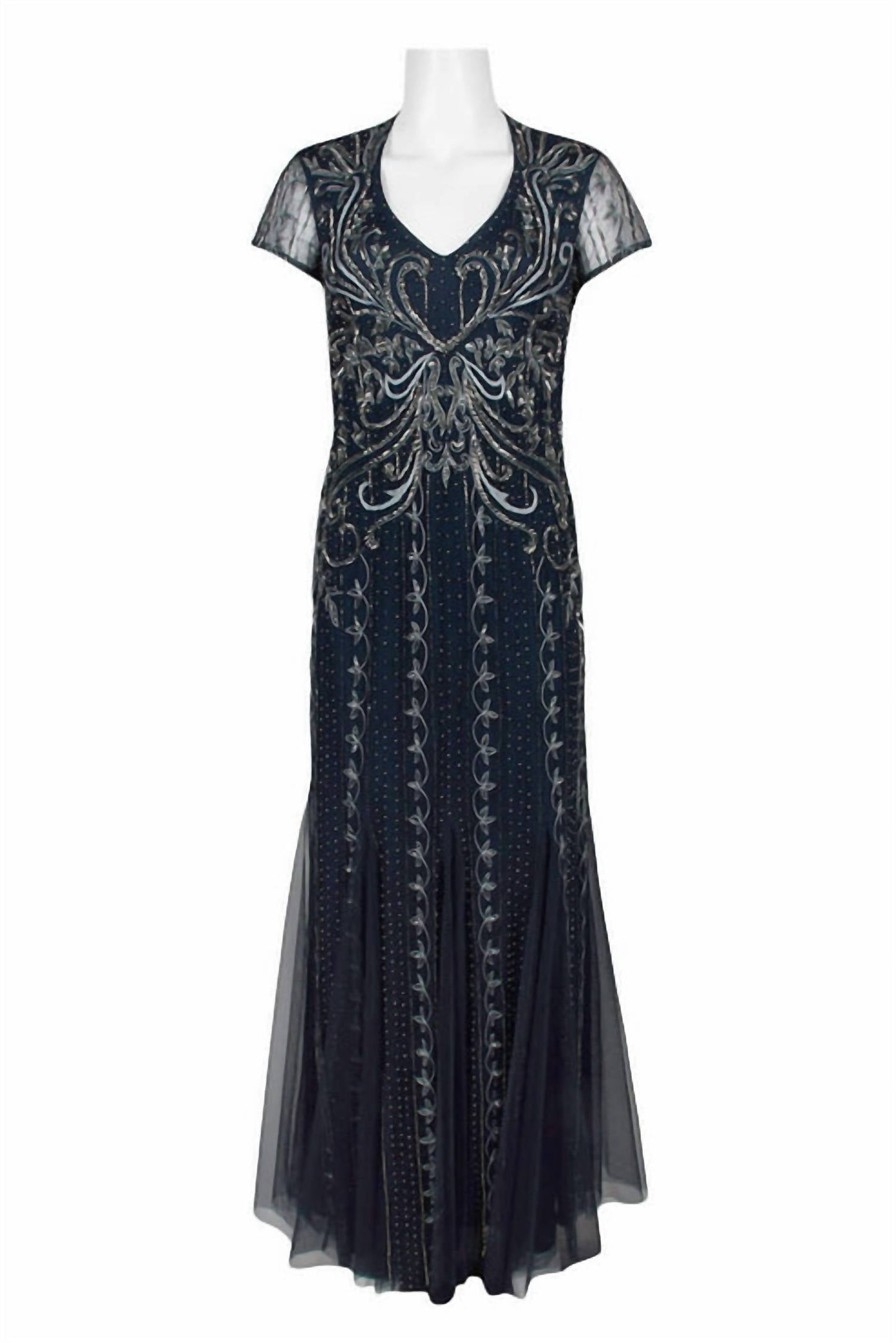 Adrianna Papell - V-neck Godet Cutout Back Embellished Mesh Gown